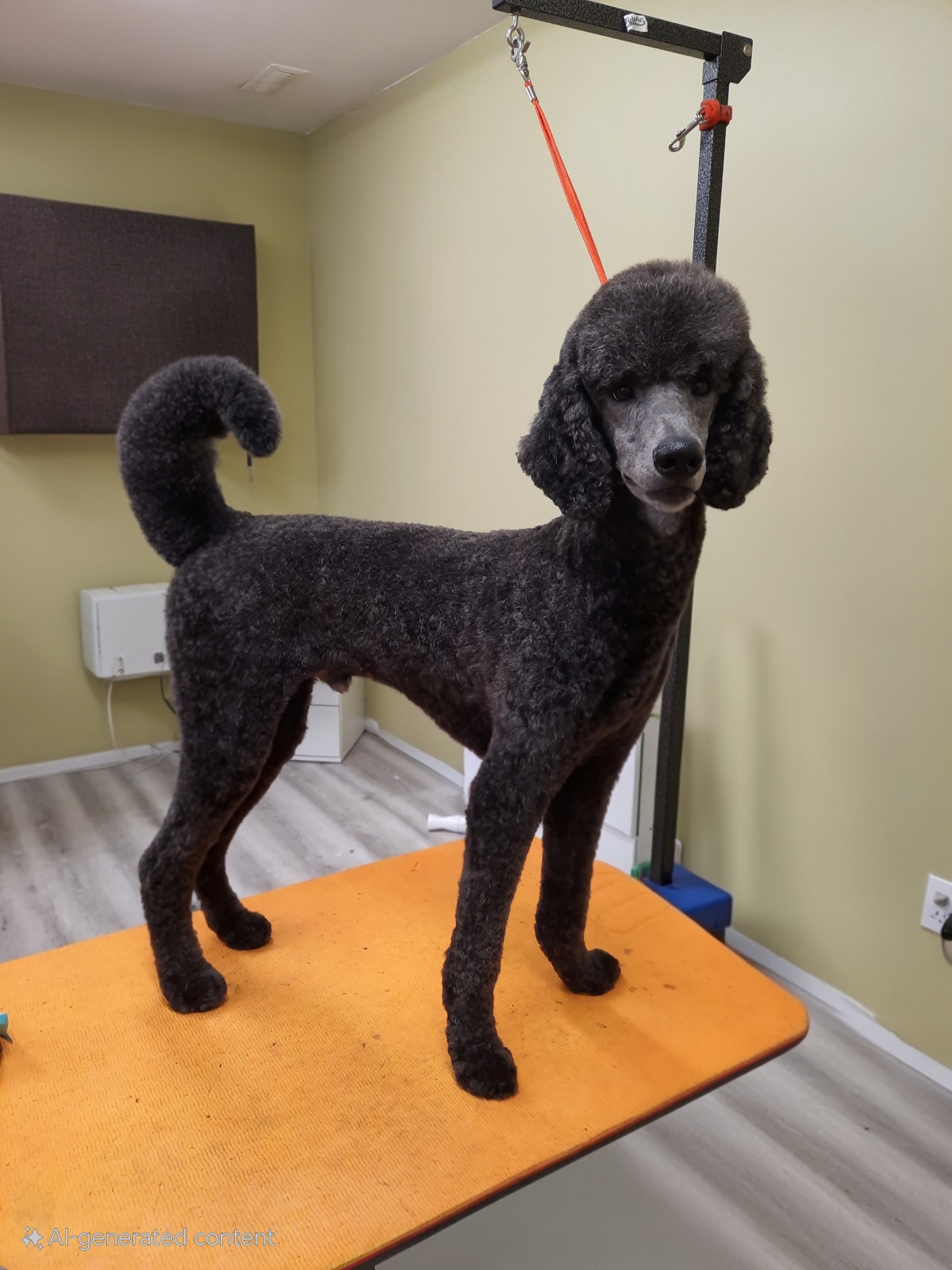 Poodle with a short kennel cut